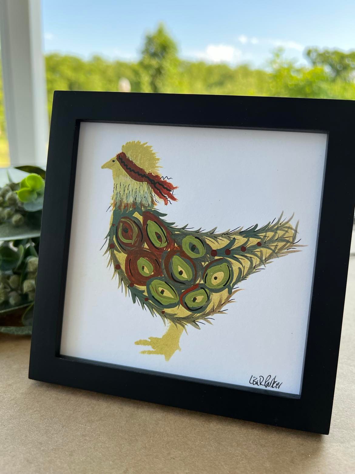 5x5 framed Red Hen